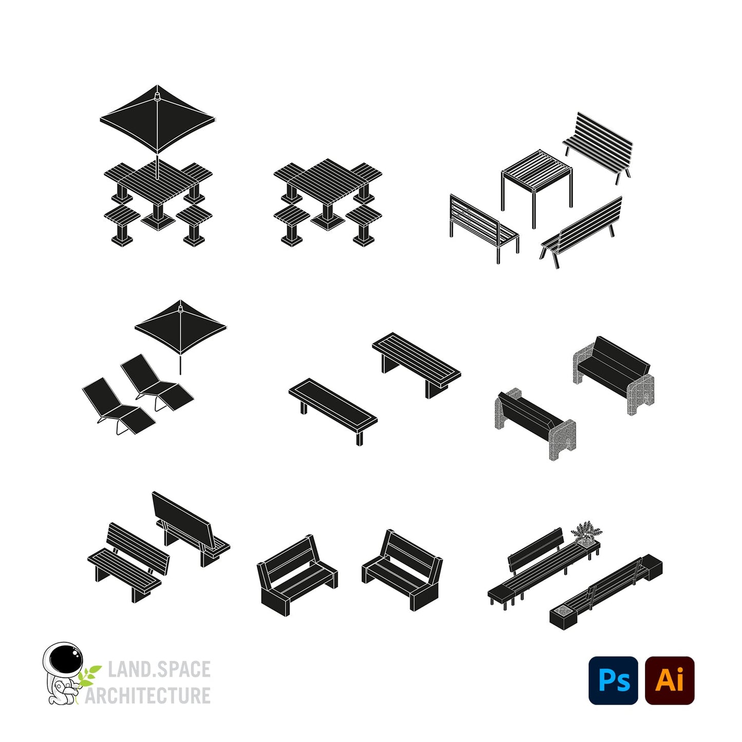 Isometric Urban Furniture Kit (.ai and .psd) - Landscape Architecture