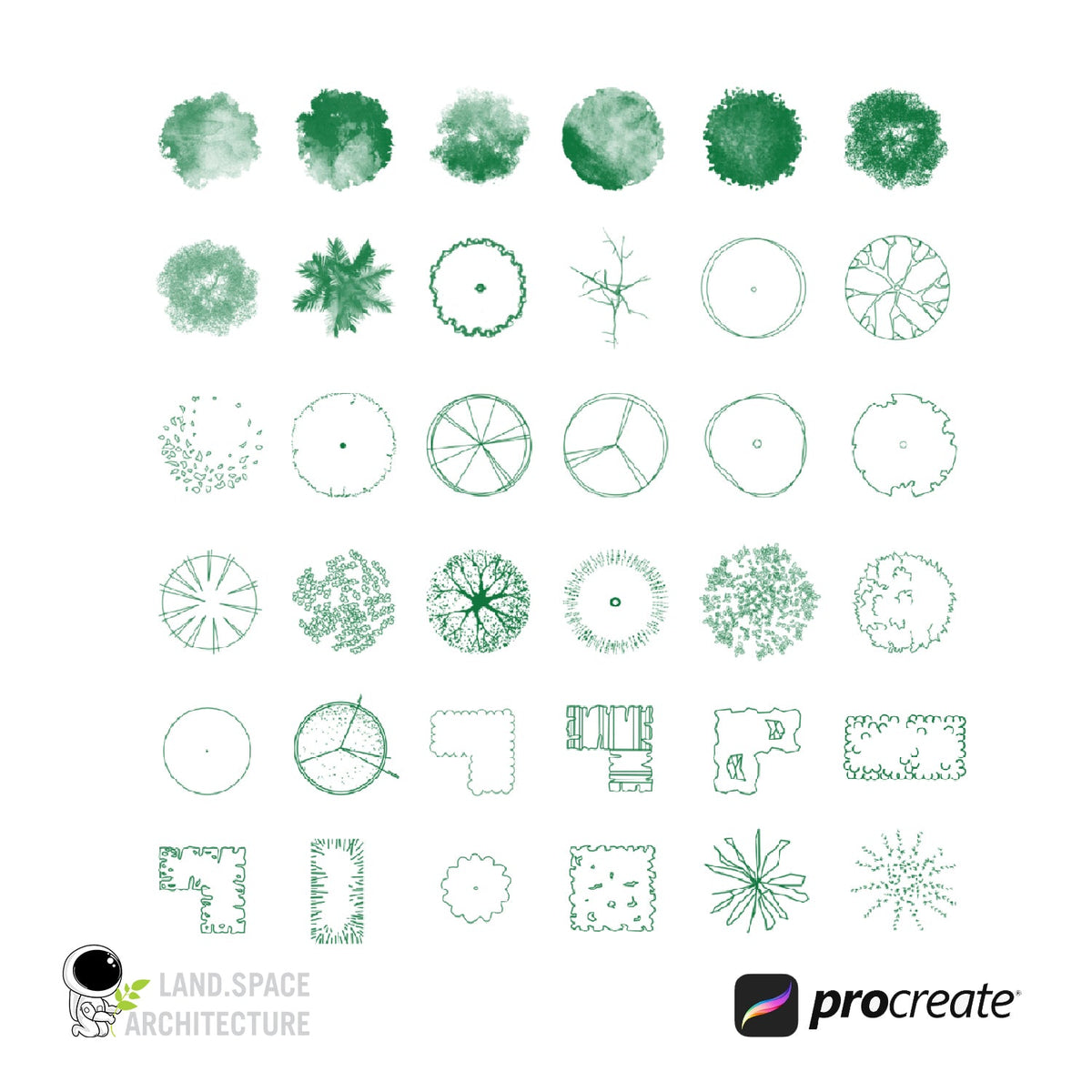 Procreate tree and shrub brushes for iPad landscape architecture plan rendering and competition presentation
