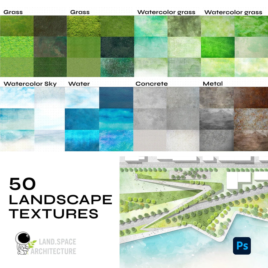 Landscape design rendering textures for Photoshop masterplan and architecture competition presentation