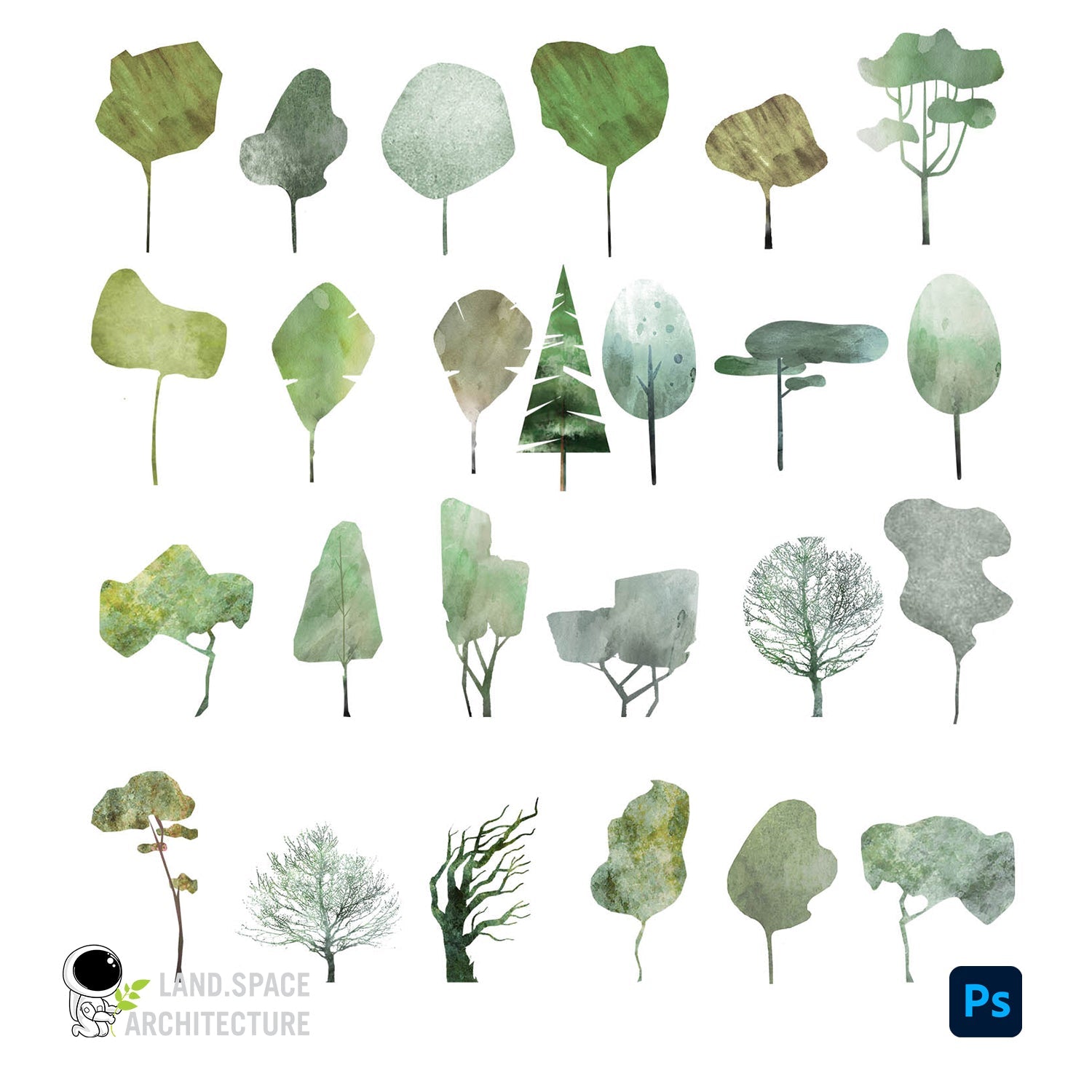 Cute Watercolor trees and textures PNG - Landscape Architecture