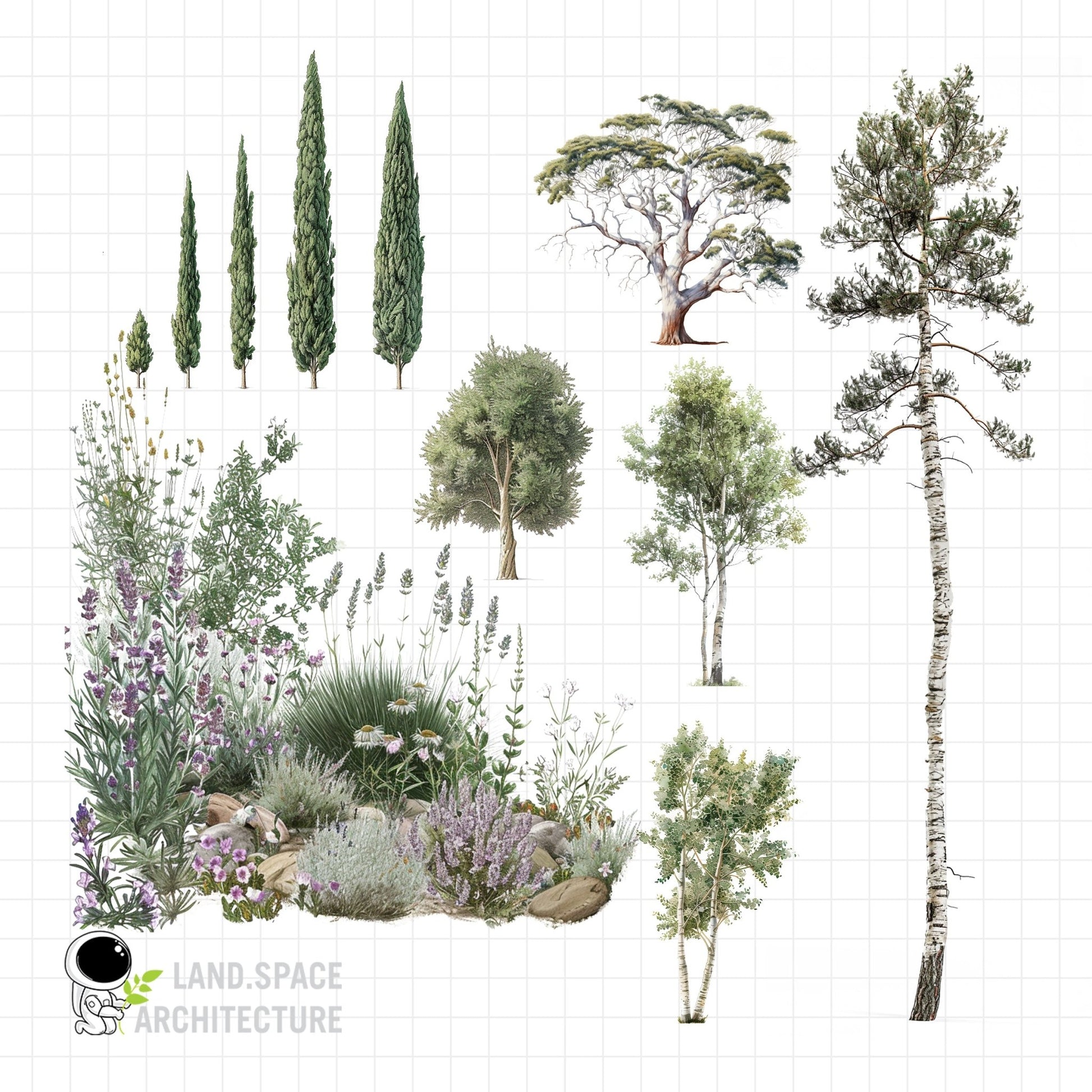 Cutout vintage landscape rendering bundle - Landscape Architecture