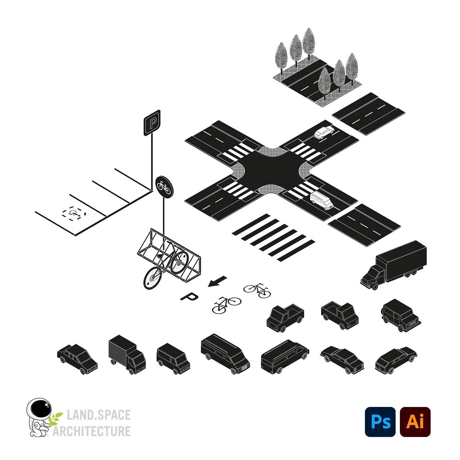 Isometric Urban Furniture Kit (.ai and .psd) - Landscape Architecture