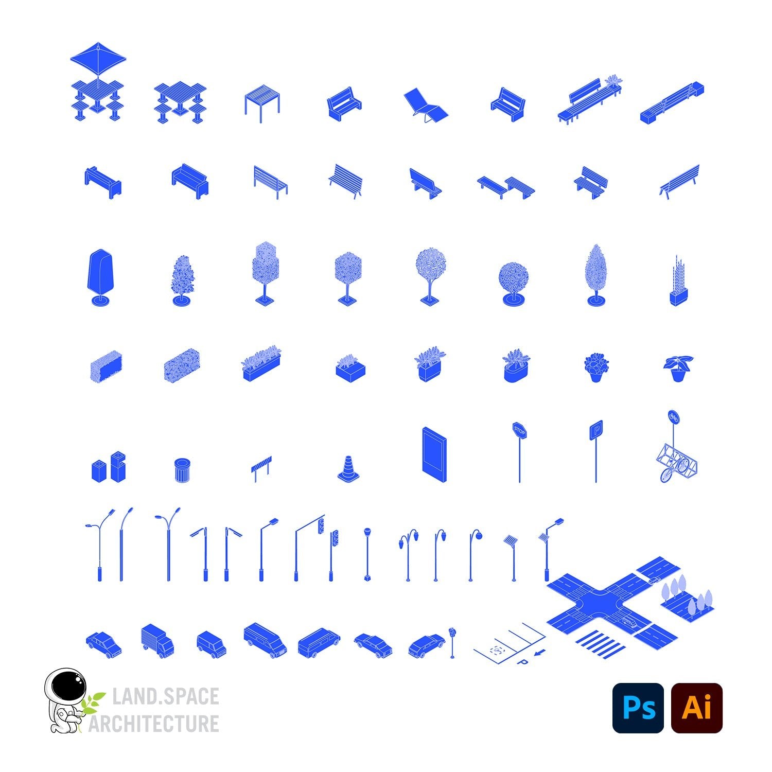 Isometric Urban Furniture Kit (.ai and .psd) - Landscape Architecture