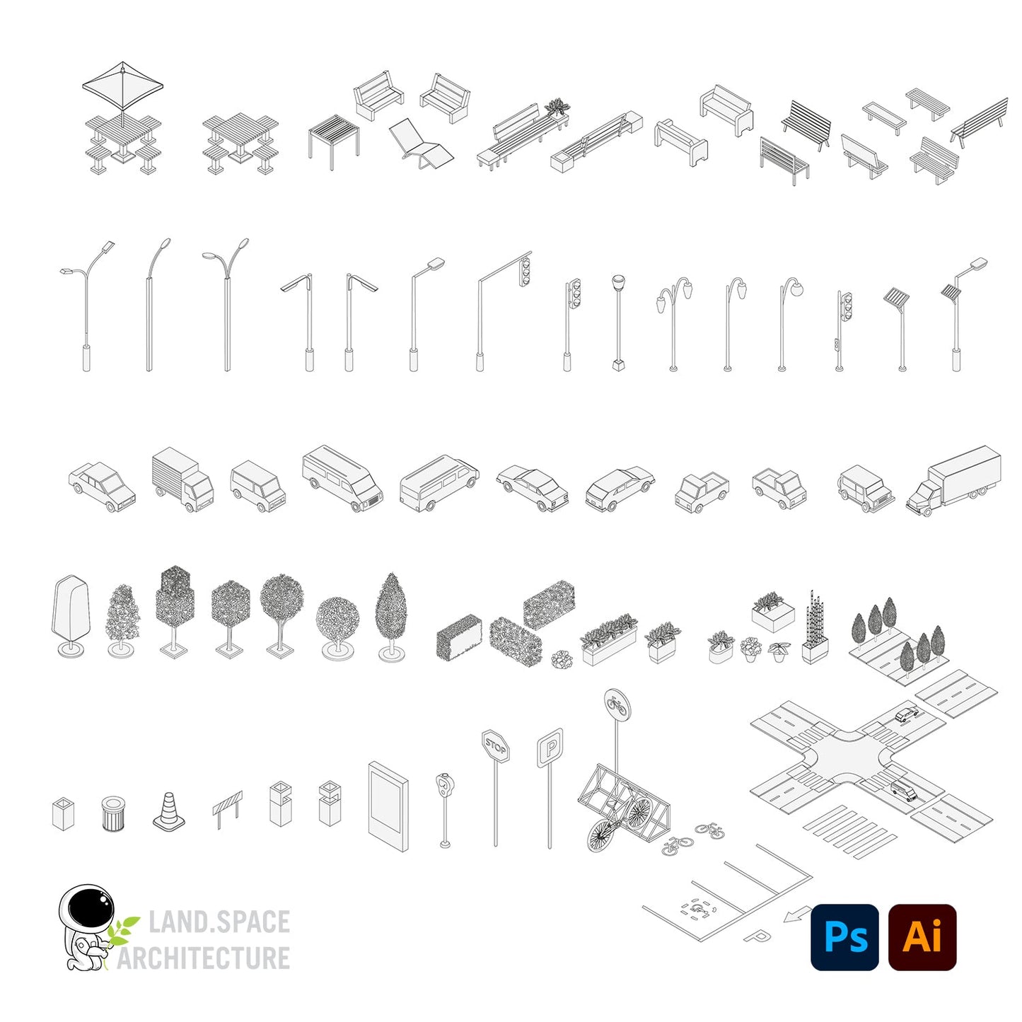 Isometric Urban Furniture Kit (.ai and .psd) - Landscape Architecture