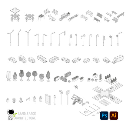 Isometric Urban Furniture Kit (.ai and .psd) - Landscape Architecture