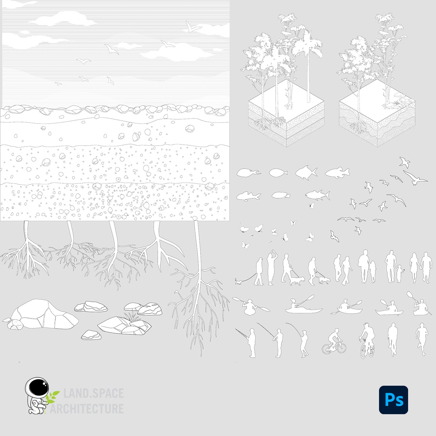 Photoshop Trees Silhouettes, Cut soils, Roots, Environments etc. Landscape Design Bundle - Landscape Architecture