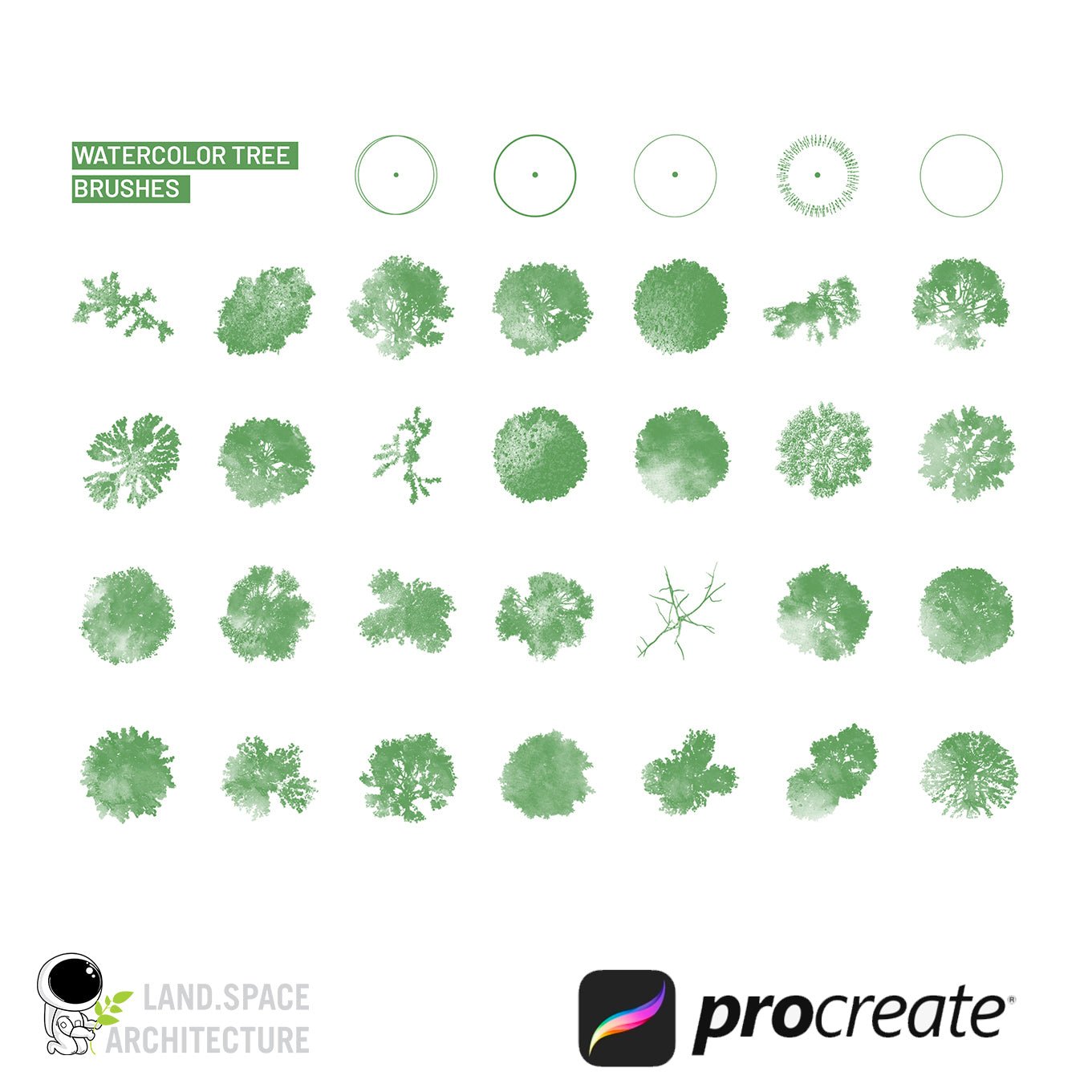 Watercolor Procreate Top View Tree Brushes for Landscape Plan on iPad - Landscape Architecture